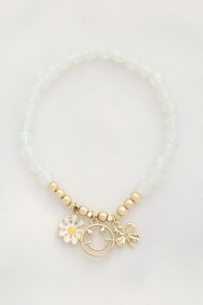 Happy Face Flower Charm Beaded Bracelet