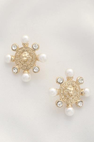 Lion Head Greek Pattern Pearl Bead Post Earring