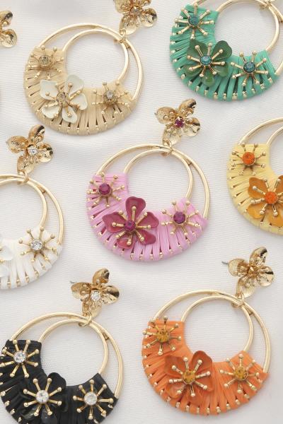 Flower Raffia Wrapped Round Dangle Earring