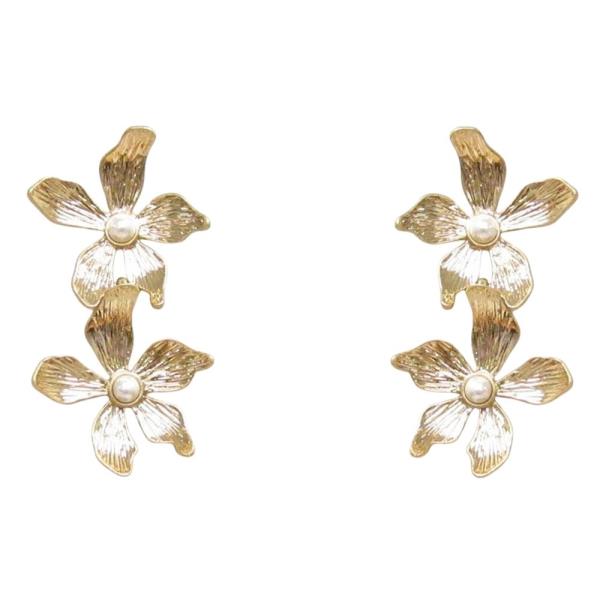 Double Metal Flower Pearl Bead Post Dangle Earring