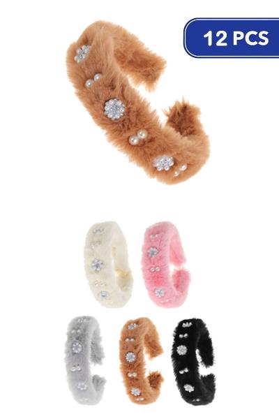 Faux Fur Pearl Studded Headband (12 Units)