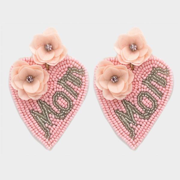 Seed Bead Heart Mom Dangle Earring
