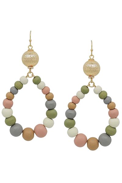 Satin Metal Ball AC Teardrop Wood Earring