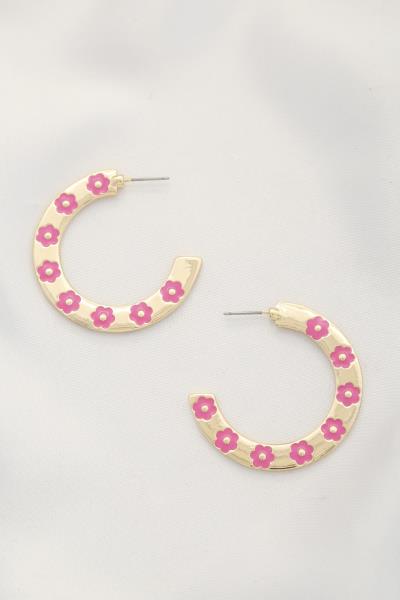 Flower Pattern Flat Open Hoop Earring
