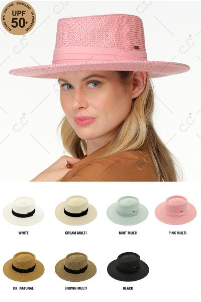 WIDE BRIM PORK PIE SUN HAT WITH PLEATED TRIM BAND