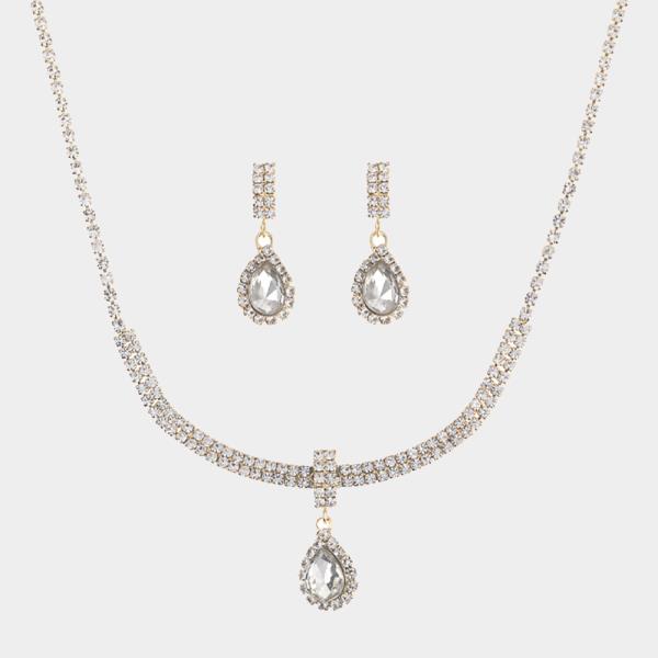 Rhinestone Tear Drop Necklace and Earring Set