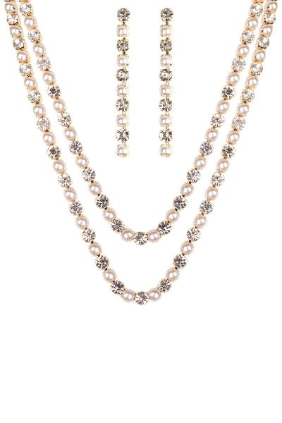 Rhinestone Pearl 2 Line Necklace and Earring Set