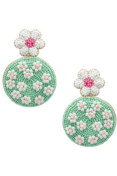 Seed Bead Small Flowers in Circle Dangle Earring