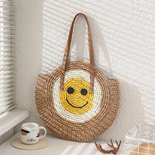 SMILE CIRCLE STRAW TOTE BAG