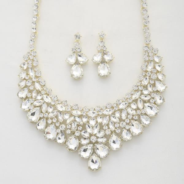 Flower Teardrop Pave Bib Necklace