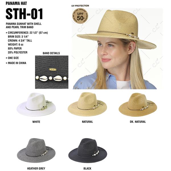 CC PANAMA SUN HAT WITH SHELL AND PEARL TRIM BAND