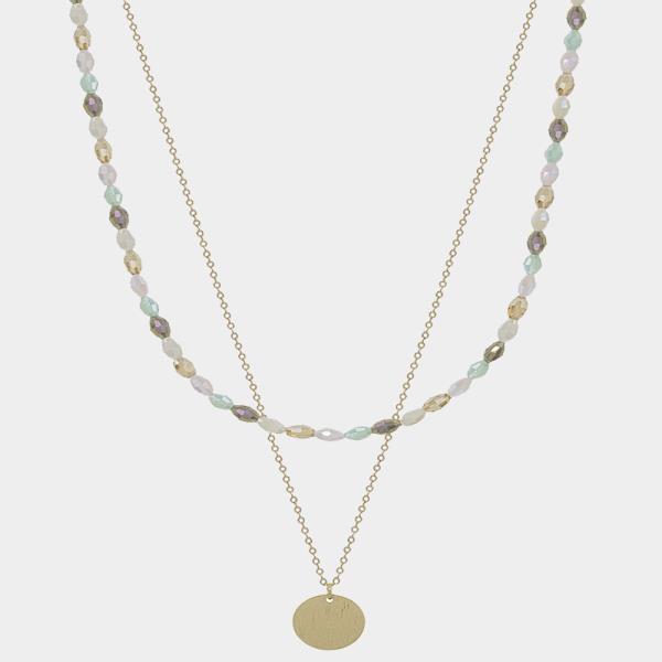 TEARDROP SHAPE BEADS LAYERED CIRCLE PENDANT SNK NECKLACE