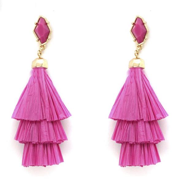 Resin Bead and Straw Tassel Drop Earring