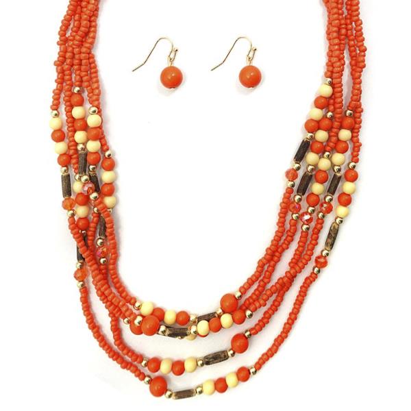 Layered Wood and Seed Bead Necklace Earring Set