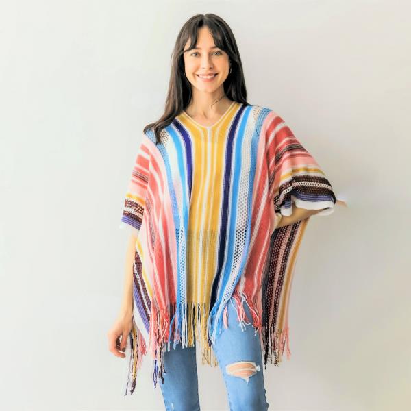 Multi Stripe Pattern Poncho with Tassels