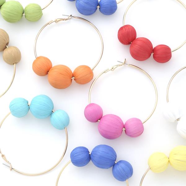 Metal Round Hoop Raffia Ball Earring