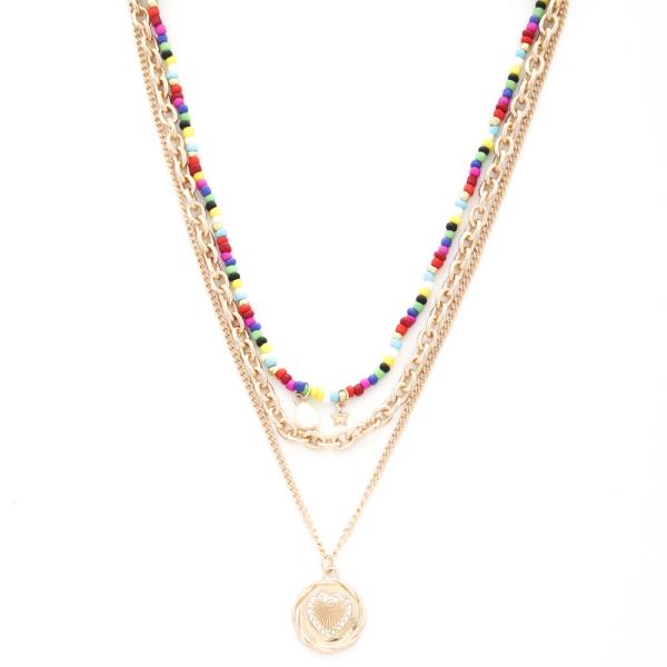 HEART COIN SEED BEAD LAYERED NECKLACE