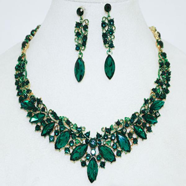 Teardrop Stone Evening V Necklace Earring Set