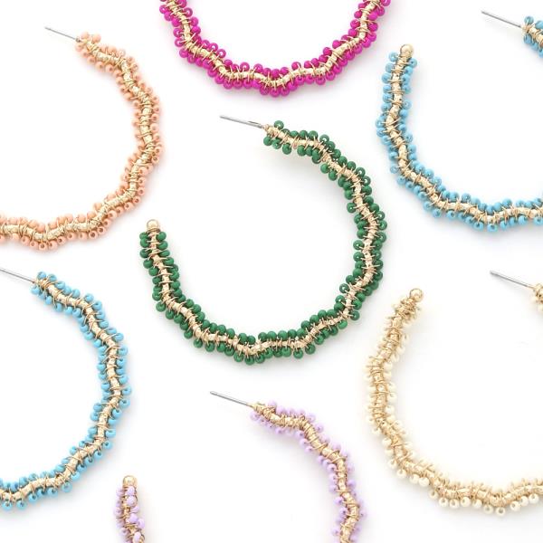 Wavy Seed Bead Metal Open Hoop Earring