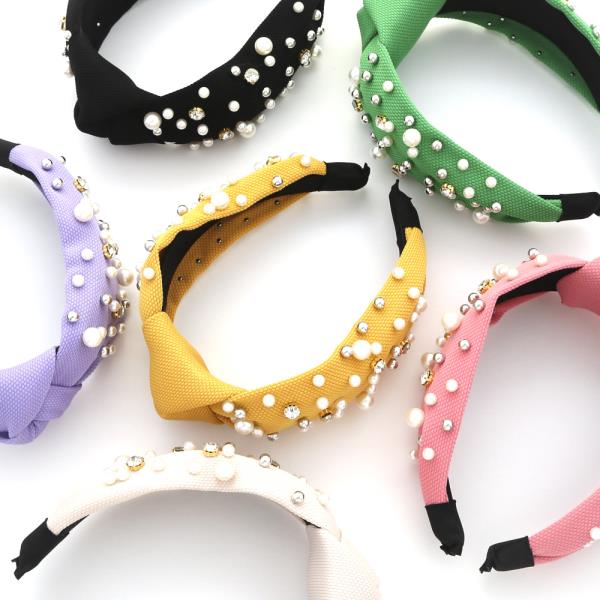 Rhinestone Stud Pearl Bead Knot Headband