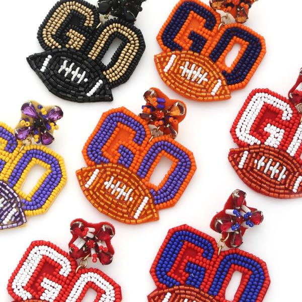 Collegiate Seed Bead Go Football Dangle Earring
