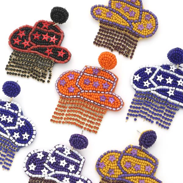 Seed Bead Game Day Cowgirl Hat Fringe Earring