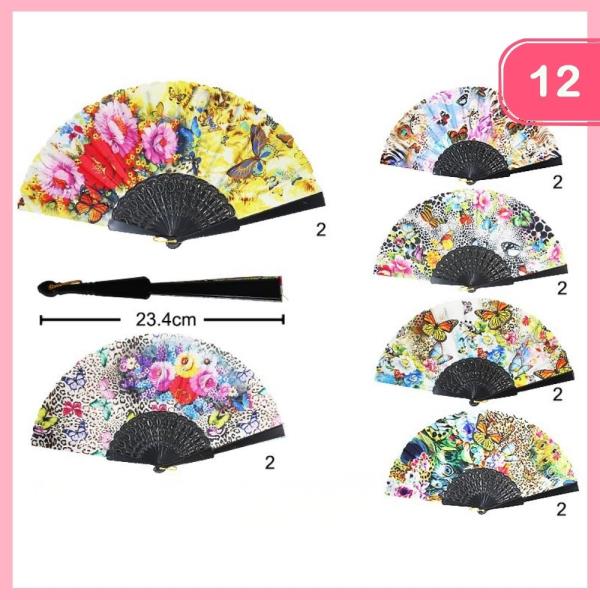 Flower Butterfly Pattern Hand Fan (12 Units)