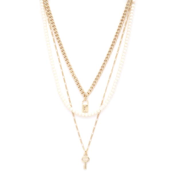 SODAJO KEY LOCK CHARM PEARL BEAD LAYERED NECKLACE