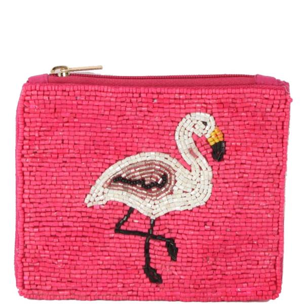 Fully Seed Beaded Flamingo Theme Zipper Bag