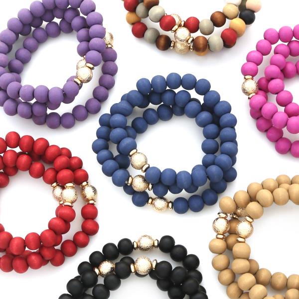 3 Set Satin Ball Acc Wood Beads Bracelet
