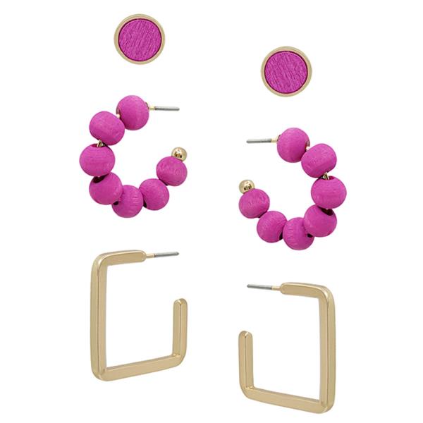 Wood Post Ball Hoop Square Hoop Earring Set