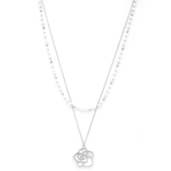 FLOWER PENDANT PEARL BEAD LAYERED NECKLACE