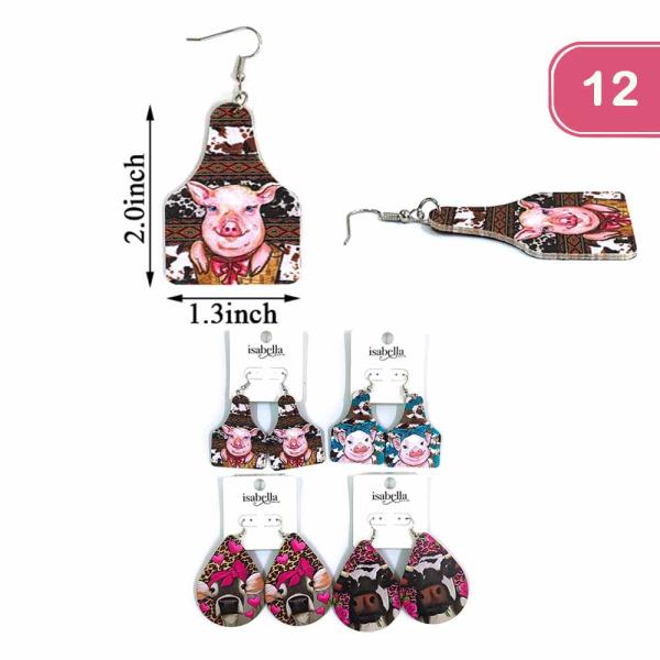 Wooden Pig Teardrop Earring (12 Units)
