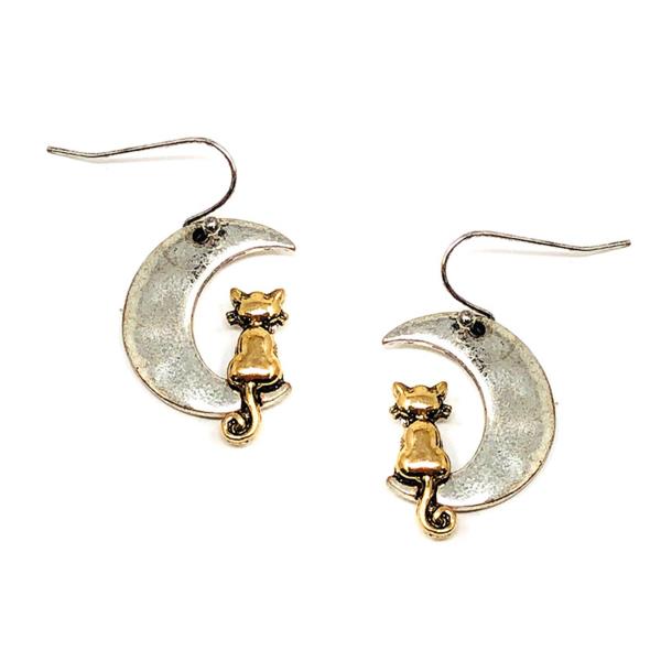 TWO TONE METAL CAT CRESCENT MOON DANGLE EARRING