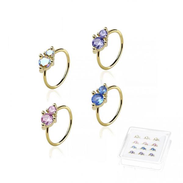 DOUBLE PRONG CZ GEM TOP 316L SURGICAL STEEL NOSE O-RING HOOP (12 UNITS)