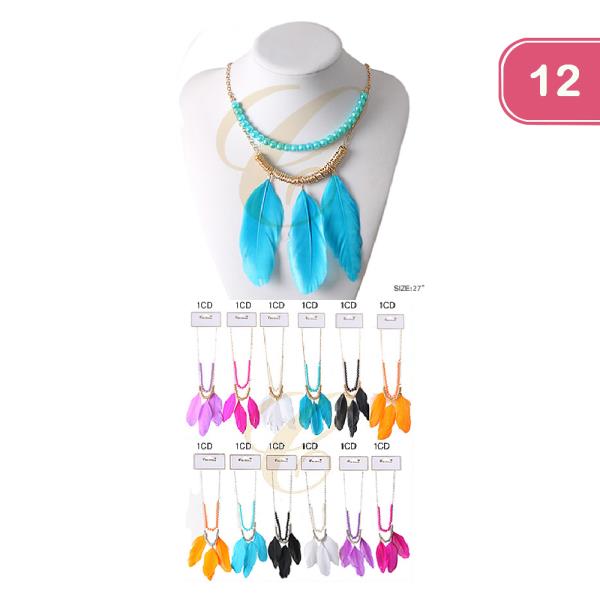 Beaded Dangle Feather Necklace (12 Units)