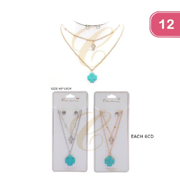 Two Layer Stone Cross Necklace (12 Units)