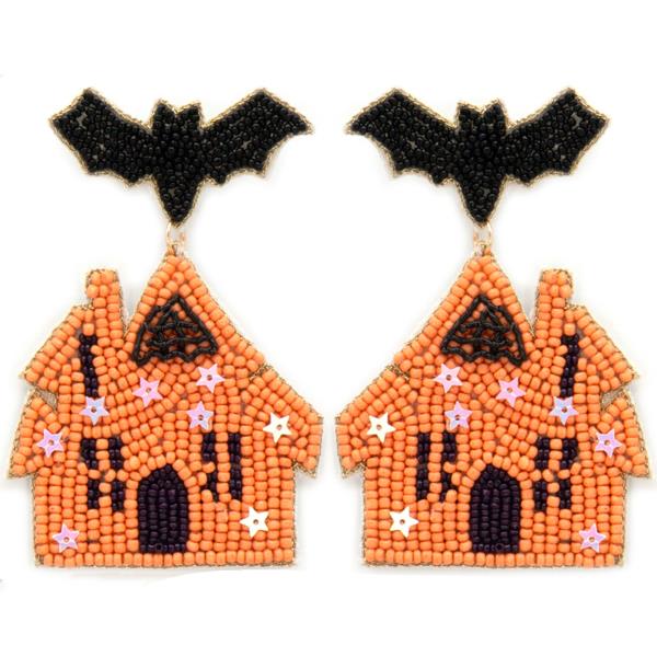 Seed Bead Bat Haunted House Earring