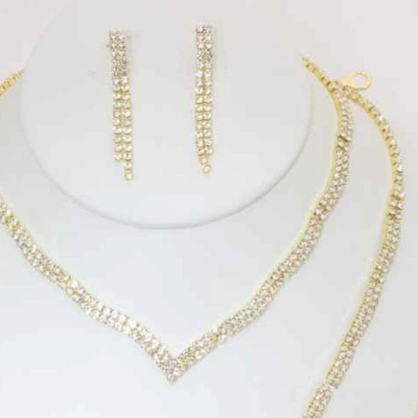 Rhinestone V Shape Necklace Earring Bracelet Set