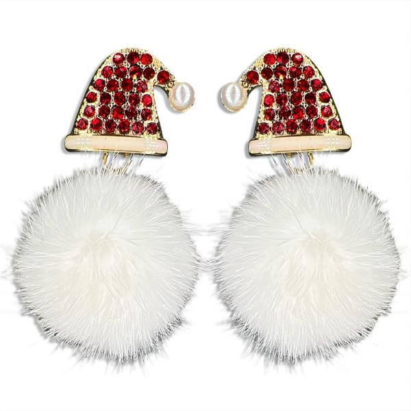 Metal Stone Mink Pompom Santa Hat Post Earring