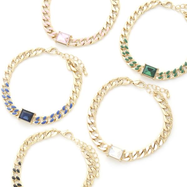 Crystal Cube Curb Link Metal Bracelet