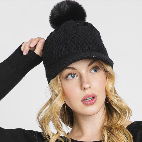 CHEVRON PATTERN POM POM KNIT CAP