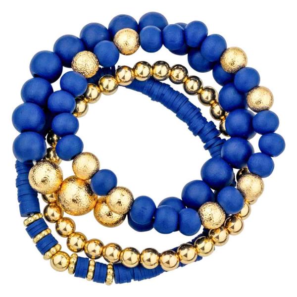 Wood Rubber Metal Stretch Bracelet 4 Set