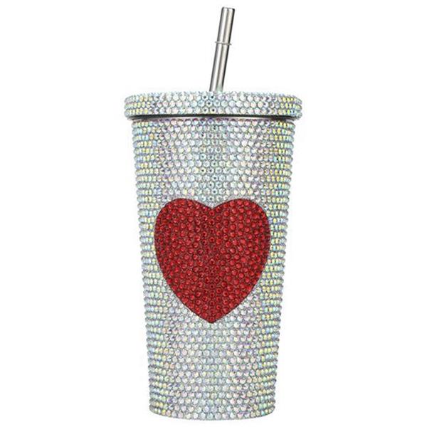 Rhinestone Crystal Red Heart Tumbler With Straw