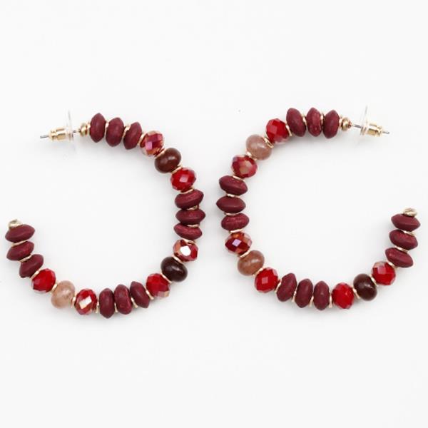 Wood Glass Stone Bead Hoop Earring