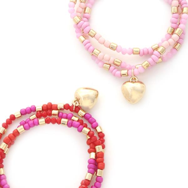 Color Bead Heart Charm Multi Stretch Bracelet