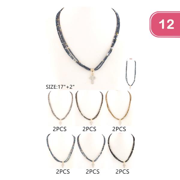 Rhinestone Cross Bead Necklace (12 Units)