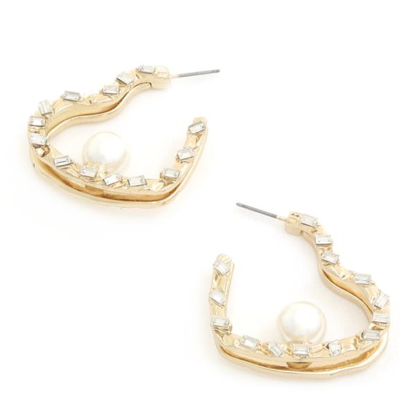 Rhinestone Pearl Bead Open Heart Earring