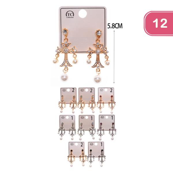 Cross Rhinestone Pearl Dangle Earring (12 Units)