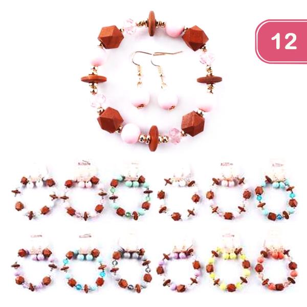 Wooden Bead Earring Bracelet Set (12 Units)